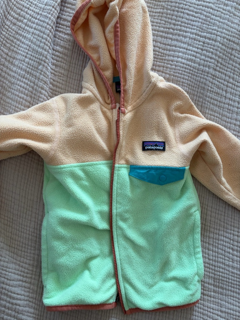 Patagonia Cream Fleece Hoodie with Teal Trim - Kids 3T